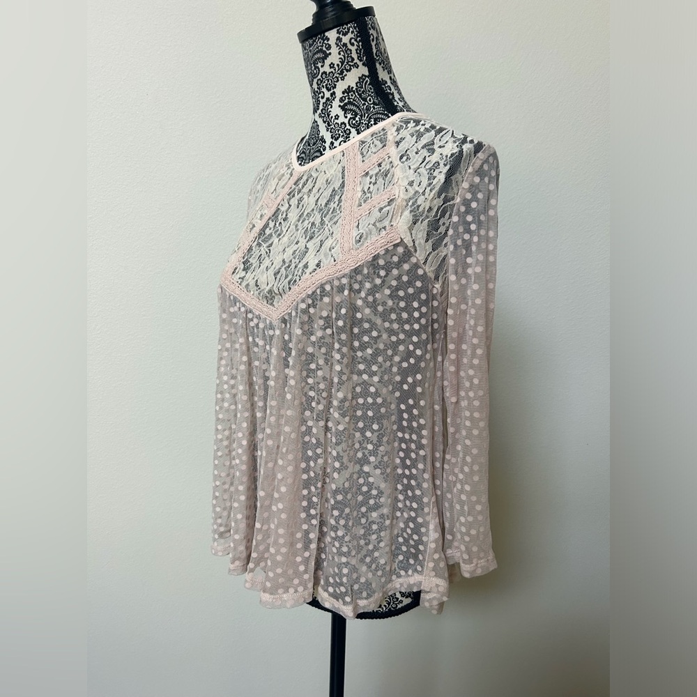 Frenchi Sheer Lace Polka Dot Babydoll Blouse Dusty Pink M - Picture 2 of 7